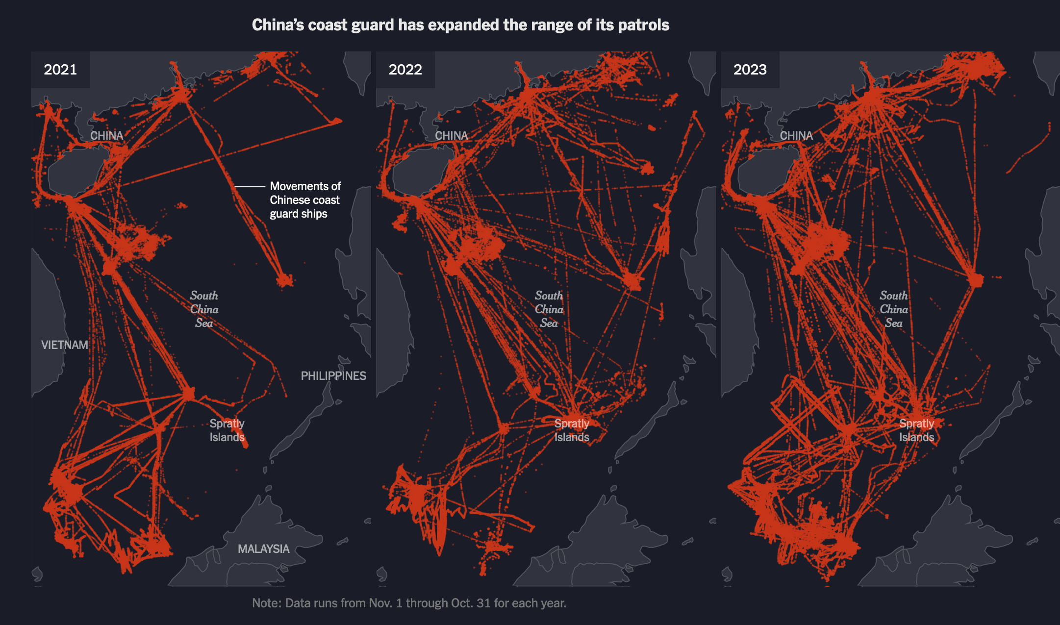 China's coast guard has expanded. Small multiples (2021, 2022, 2023), ships visualized with dots.