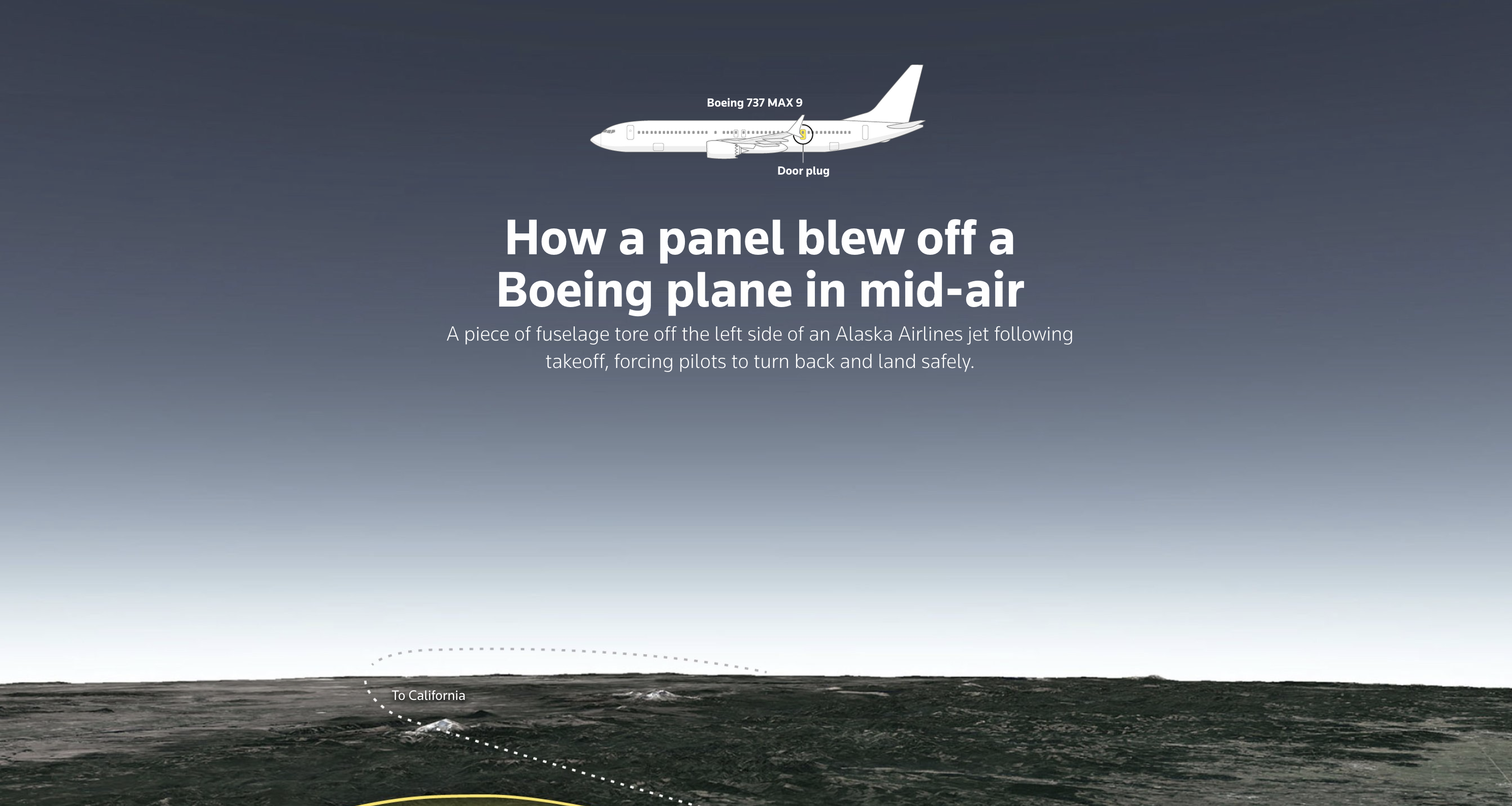 The title "How a panel blew off a Boeing plane in mid-air" with an image of a plane above. Background: View of the Earth from a cockpit, mostly sky with a thin terrestrial band